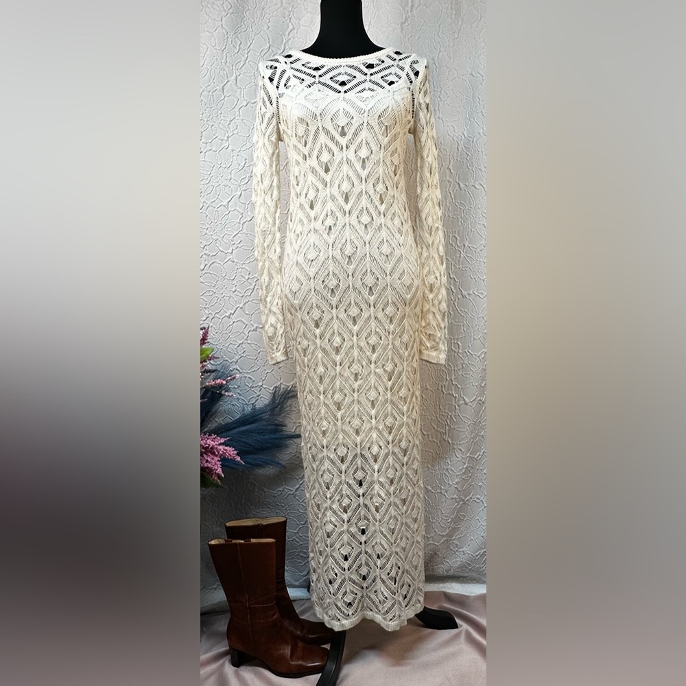 FRESHMAN 1996- Cream Crochet Long Sleeve Maxi Dress (with Slip) (XS) ‼️NWT‼️